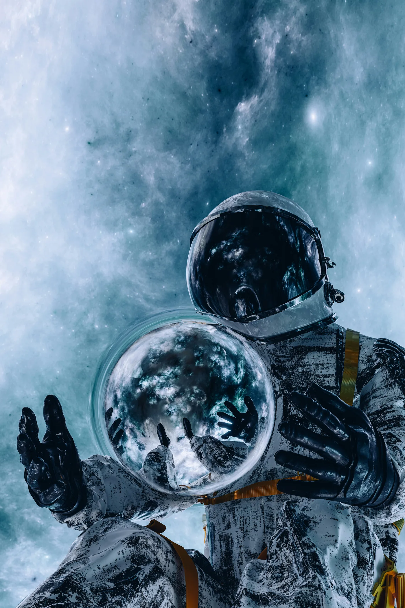 Astronaut holding a glass sphere that reflects the Earth